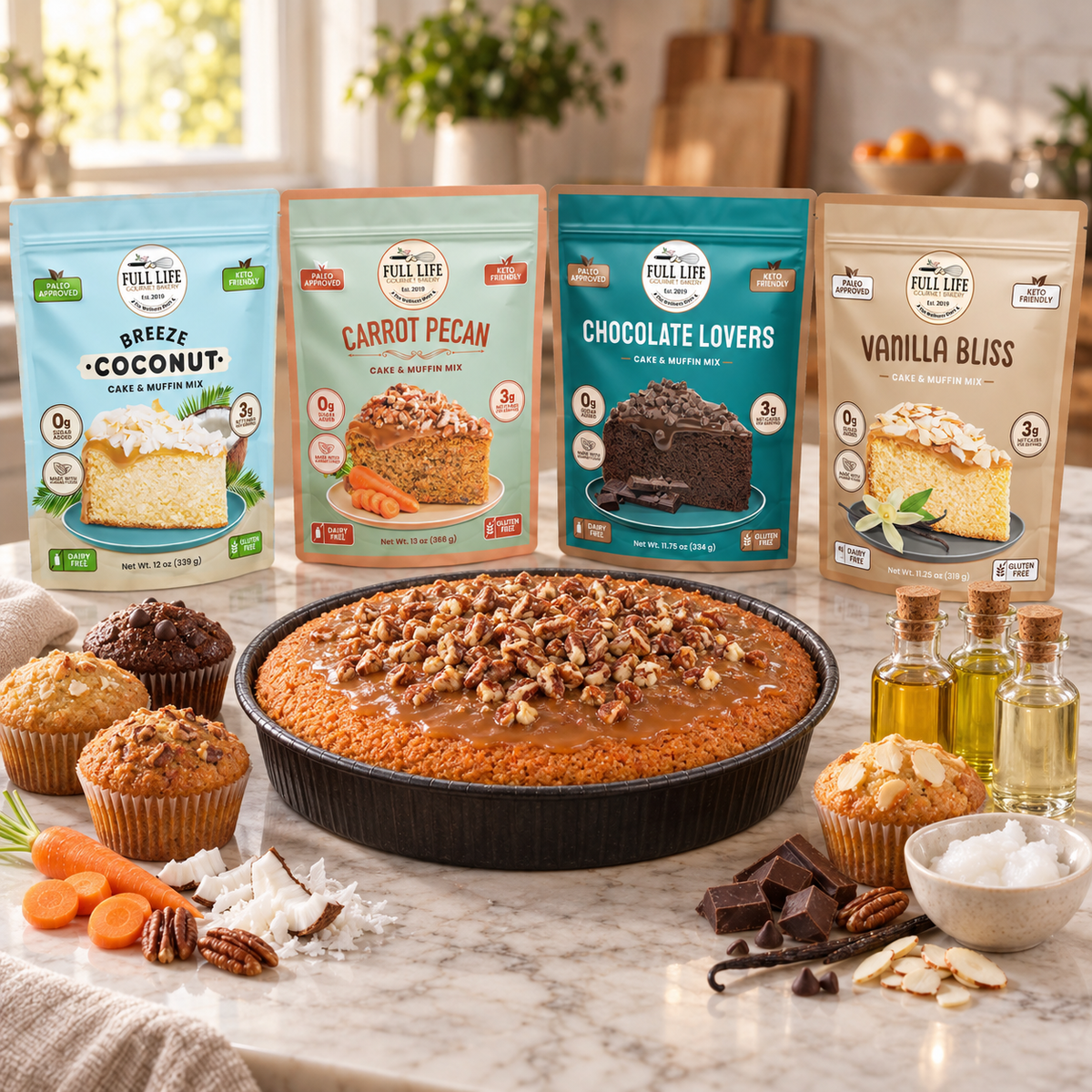 Full Life cake and muffin baking kits with olive, avocado and coconut oils