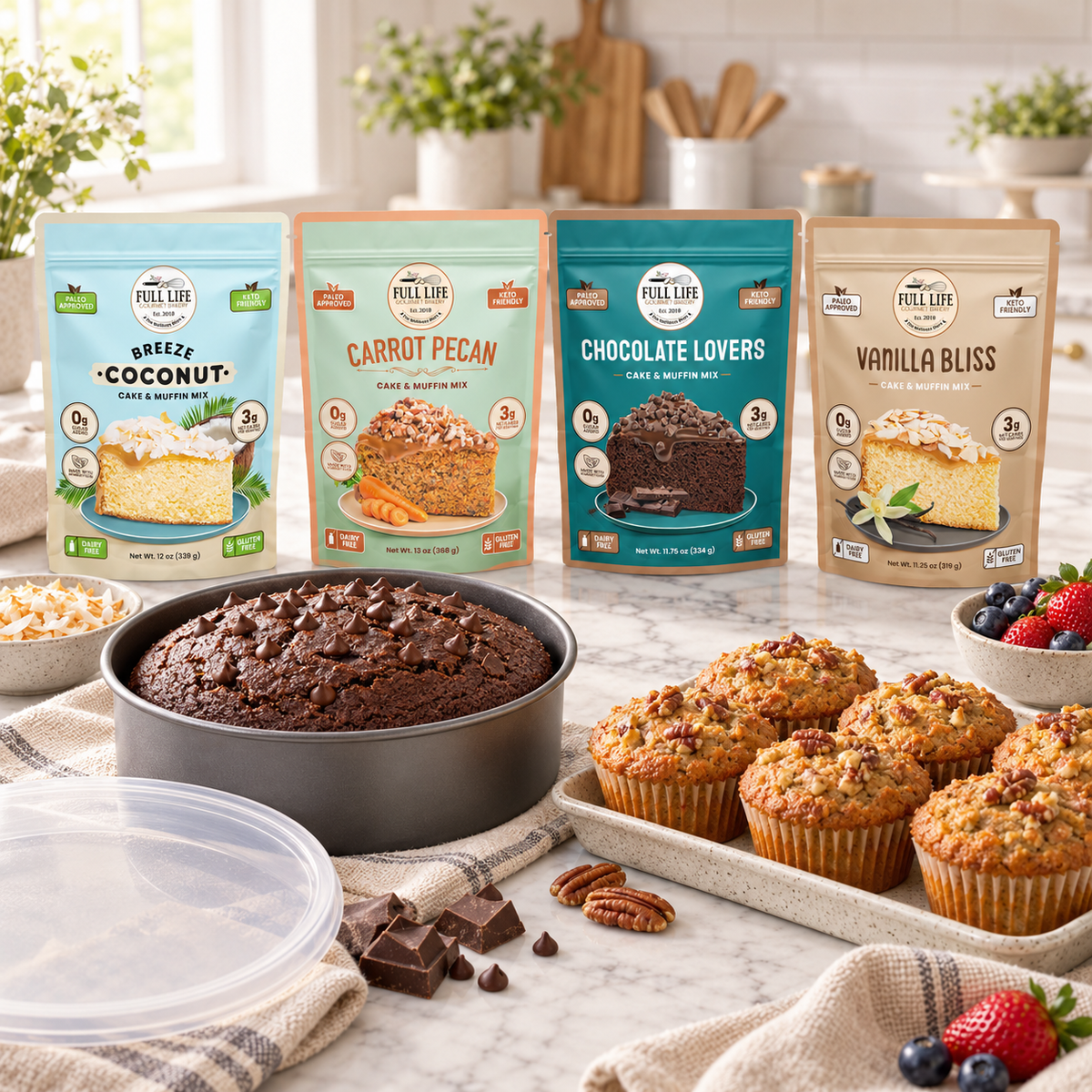 Full Life Gourmet Bakery mixes in coconut, carrot pecan, chocolate and vanilla beside a chocolate cake and muffins.