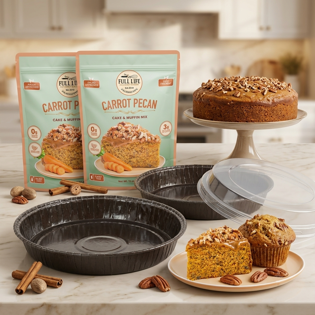 
                  
                    Two Carrot Pecan Cake & Muffin Mix from Full LIfe Gourmet Bakery shown with two oven-safe 8″ recipe-matched molds, clear lids, and baked cakes on a marble countertop in a bright kitchen setting.
                  
                