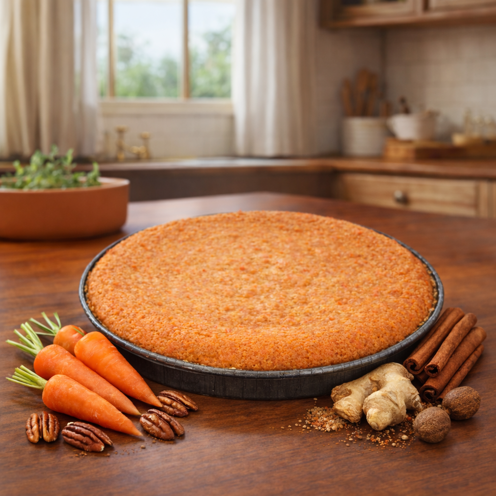 
                  
                    Carrot Pecan cake from  Full Life Gourmet Bakery   in the 8" recipe-matched mold on a wooden table with carrots, spices, and nuts in a kitchen setting.
                  
                