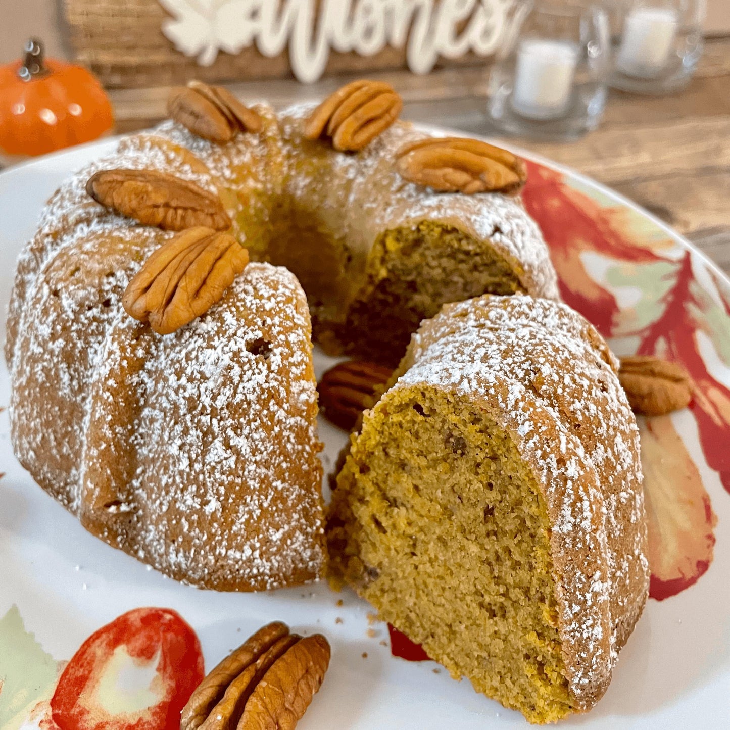 
                  
                    Gluten-free, dairy-free, sugar-free Pumpkin Cinnamon Delight Full Life Cake with a sugar-free caramel syrup topping and crunchy pecans, capturing the essence of Thanksgiving flavors. Full Life Gourmet Bakery
                  
                